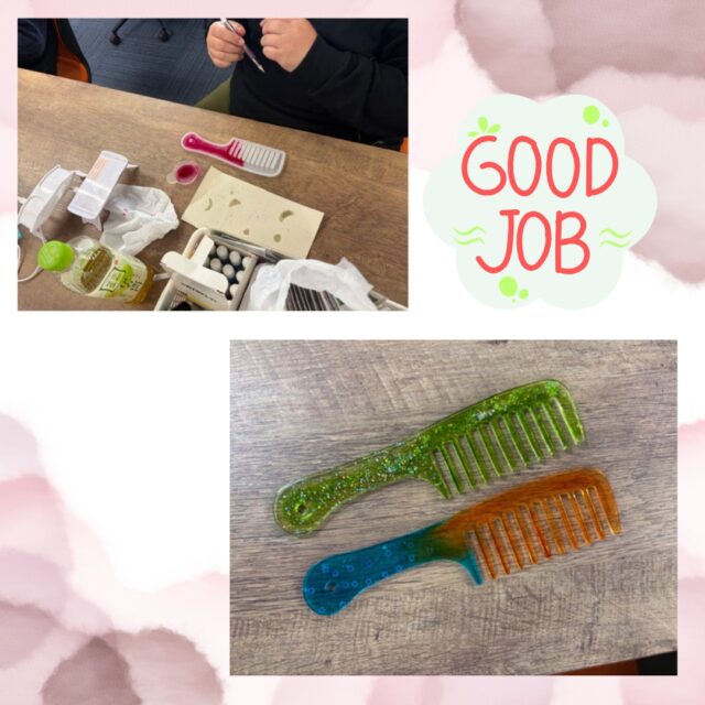 ジョブタス東仙台です！

利用者さん作品の紹介です✔

新しいレジン用モールドを仕入れたので
作成していただきましたレジンコームです🪮✨💕

お店で売っていても違和感ありません！
配色に悩みながらも楽しそうに作成しておりました😊

----✂-----------------------------------------

🏠ジョブタス東仙台　★東仙台駅すぐそば！
〒983-0833　仙台市宮城野区東仙台1丁目7-1
☎：022-355-6325
✉：jobtas.higashisendai@gmail.com
【営業時間：9：00～17：00／月～金曜日】

#ジョブタス東仙台 #就労支援B型 #福祉 #障害福祉 #無料送迎 #昼食無料提供 #仙台 #ハンドメイド #製作 #軽作業 #古着 #古本 #昼食無料 #送迎無料 #利用者様募集中 #見学体験受付中 #エフリング